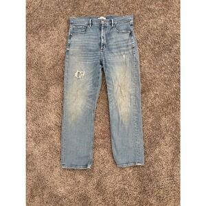 LOFT Light Wash Distressed Straight Leg Jeans Blue Denim Stained Worn In